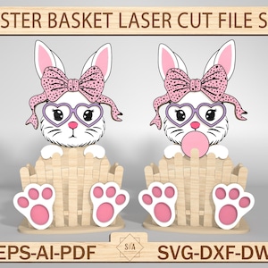 Fröhliche Ostern Korb Laser Cut Datei, Osterhase Korb geschnitten Datei, Osterhase Design für Kinder, Ostern Dekor Haus Dekor, Glowforge