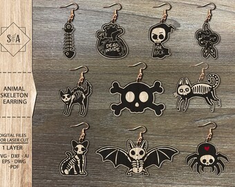 Animal Skeleton Earring Bundle  SVG , Halloween Earrings , Laser Earrings Files , Glowforge Files , Halloween Cat Earring, Skeleton Dog Svg