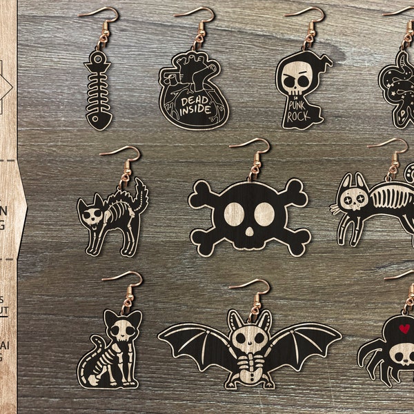 Animal Skeleton Earring Bundle  SVG , Halloween Earrings , Laser Earrings Files , Glowforge Files , Halloween Cat Earring, Skeleton Dog Svg
