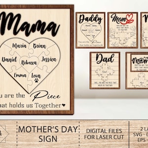 Signo de pieza de rompecabezas del día de la madre, regalos para mamá, papá de hija, eres la pieza que nos mantiene unidos, signo de mamá de rompecabezas, grabado de corazón de amor