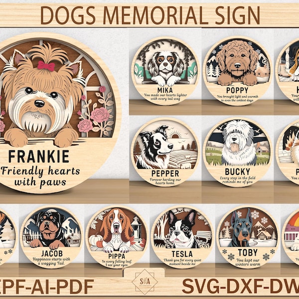 Dogs Memorial Sign SVG, Dog Breeds Name Memorial, Memorial Gift , Pet Memorial Laser cut file , Dog Tribute SVG File