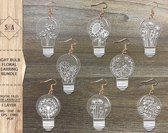 Light Bulb Floral Earring Bundle SVG , Floral Earrings , Glowforge Files , Laser Earrings Files ,  Plant Earrings SVG , Glowforge Earrings