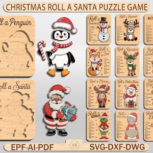 May include: A Christmas Roll a Santa puzzle game set featuring wooden boards with dice-based instructions for assembling characters like a penguin, Santa, snowman, reindeer, fox, moose, polar bear, gingerbread man, Mrs. Claus, and an elf.