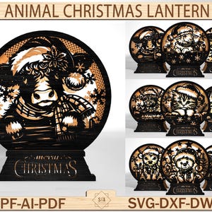 May include: Wooden animal Christmas lanterns featuring a cow, sheep, and cat, each adorned with a Santa hat and scarf. The lanterns have a black base with the words "Merry Christmas" and are available in SVG-DXF-DWG formats.