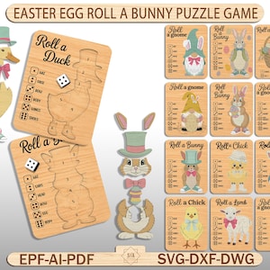 Puede incluir: Juego de rompecabezas de Pascua de madera con el texto "Easter Egg Roll a Bunny Puzzle Game". El juego incluye piezas de rompecabezas de madera de patos, conejos, gnomos, pollitos y corderos. También se incluyen dados y cartas.