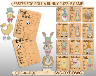 May include: Wooden Easter-themed puzzle game with the text "Easter Egg Roll a Bunny Puzzle Game." The game includes wooden puzzle pieces of ducks, bunnies, gnomes, chicks, and lambs. The game also includes dice and cards.