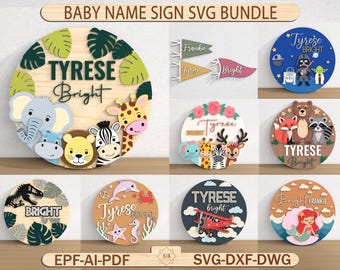 May include: A collection of baby name signs with various designs. The signs are round and feature names like "Tyrese" and "Frankie", along with decorative elements such as animals, a mermaid, and a dinosaur. The signs are made of wood and have colorful accents.
