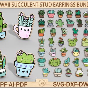 Paquete de aretes de suculentas kawaii SVG, aretes de plantas kawaii, archivos de aretes láser, archivos Glowforge, aretes de cactus kawaii SVG