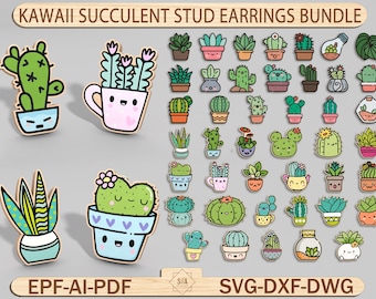 Kawaii Succulent Stud Earrings Bundle  SVG , Kawaii Plant Earrings , Laser Earrings Files , Glowforge Files , Kawaii Cactus Earrings SVG