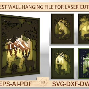 Väggmapp med skogsmotiv för laserskärning. Skogsträd, väggdekoration i naturskog, DeersGlowforge 3D flerskiktsträ