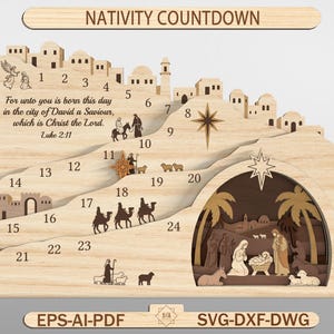 May include: A light wood Nativity countdown calendar featuring a layered design with numbers 1 through 24, a Bethlehem cityscape, and a central manger scene. Text reads: NATIVITY COUNTDOWN, For unto you is born this day in the city of David a Saviour, which is Christ the Lord. Luke 2:11.