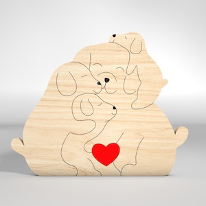 May include: Wooden cutout of three dogs hugging with a red heart in the center. The dogs are outlined in black and the heart is filled in red.