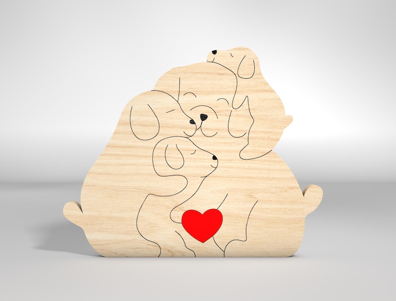 May include: Wooden cutout of three dogs hugging with a red heart in the center. The dogs are outlined in black and the heart is filled in red.