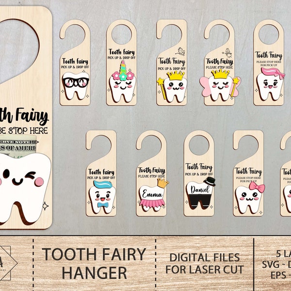 Tooth Fairy Hanger Laser File, Tooth Fairy Bundle Door Hanger With Money Slot Laser Cut , Cute Teeth Boy Girl, Baby Teeth Pillow Holder Box