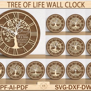 Könnte beinhalten: Eine Wanduhr aus Holz mit einem Lebensbaum-Design, römischen Ziffern und einem ausgeschnittenen Baum-Motiv. Die Uhr enthält den Text "Family like branches of a tree, we all grow in different directions yet our roots remain as One." Es werden auch mehrere passende Untersetzer gezeigt.