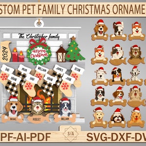 Ornamento di Natale personalizzato per la famiglia di animali domestici SVG, ornamento familiare in legno con animali domestici, ornamento di Natale in formato Svg, ornamenti di razza canina in formato Svg, file SVG Glowforge