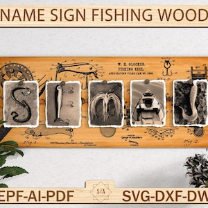 Prénom enseigne en bois pêche, cadeaux pour père, cadeaux pour mari, décoration de chambre pêche, nom art vintage pêche, fête des pères coupe fichiers Svg