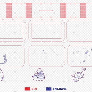Puede incluir: Plantilla de dise&ntilde;o de corte por l&aacute;ser para una caja de madera con varias opciones de grabado. La caja presenta un dise&ntilde;o floral, un oso con un cachorro, una ballena con una cr&iacute;a y una abeja con un panal. La plantilla incluye l&iacute;neas de corte y l&iacute;neas de grabado.