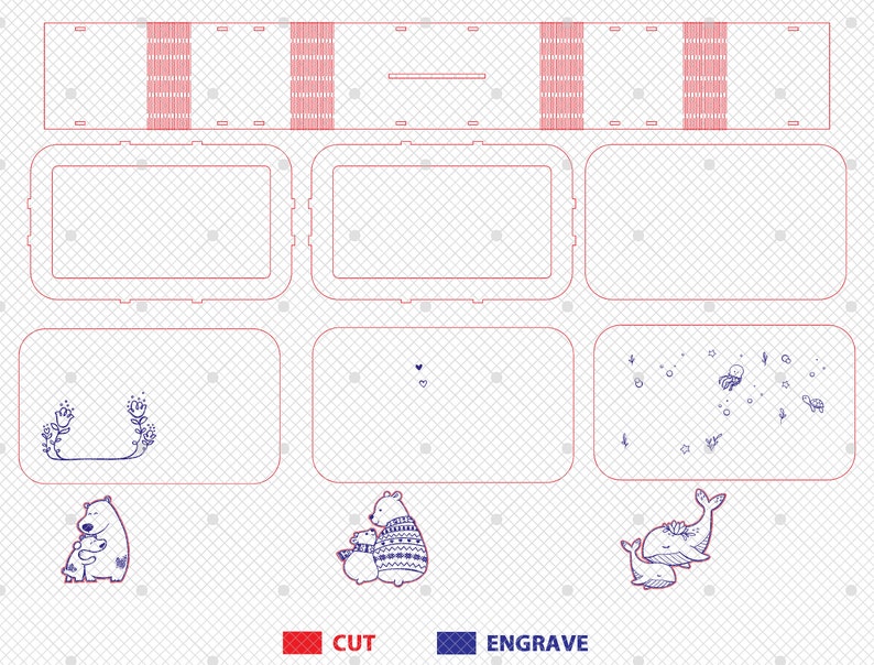 Puede incluir: Plantilla de dise&ntilde;o de corte por l&aacute;ser para una caja de madera con varias opciones de grabado. La caja presenta un dise&ntilde;o floral, un oso con un cachorro, una ballena con una cr&iacute;a y una abeja con un panal. La plantilla incluye l&iacute;neas de corte y l&iacute;neas de grabado.