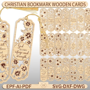 May include: A collection of laser-cut wooden Christian bookmarks. The bookmarks feature floral designs and inspirational quotes. The text "Be still, and know that I am God" and "God is our refuge and strength" are visible. Each bookmark has a tassel.