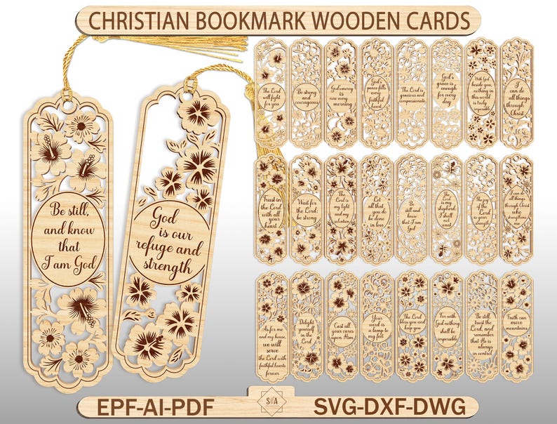 May include: A collection of laser-cut wooden Christian bookmarks. The bookmarks feature floral designs and inspirational quotes. The text "Be still, and know that I am God" and "God is our refuge and strength" are visible. Each bookmark has a tassel.