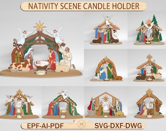 Nativity Scene Candle Holder SVG Bundle, Layered Christmas Nativity Laser Cut Files, Wood Decor , Christmas Decor ,Glowforge SVG Files