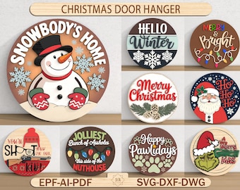 Juldörrhängare, vinterlaserskyltpaket, digital nedladdning, rund dörrhängare, Glowforge Cricut laserfil, semestervälkomstskylt svg