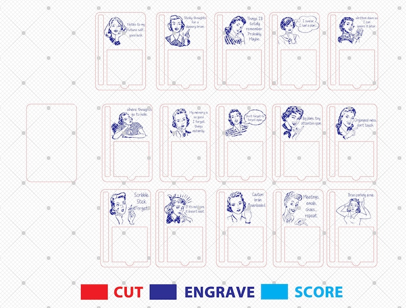 May include: A digital design sheet with 12 retro-style images of women with humorous sayings. The images are in blue and white and are ready to be cut, engraved, or scored.