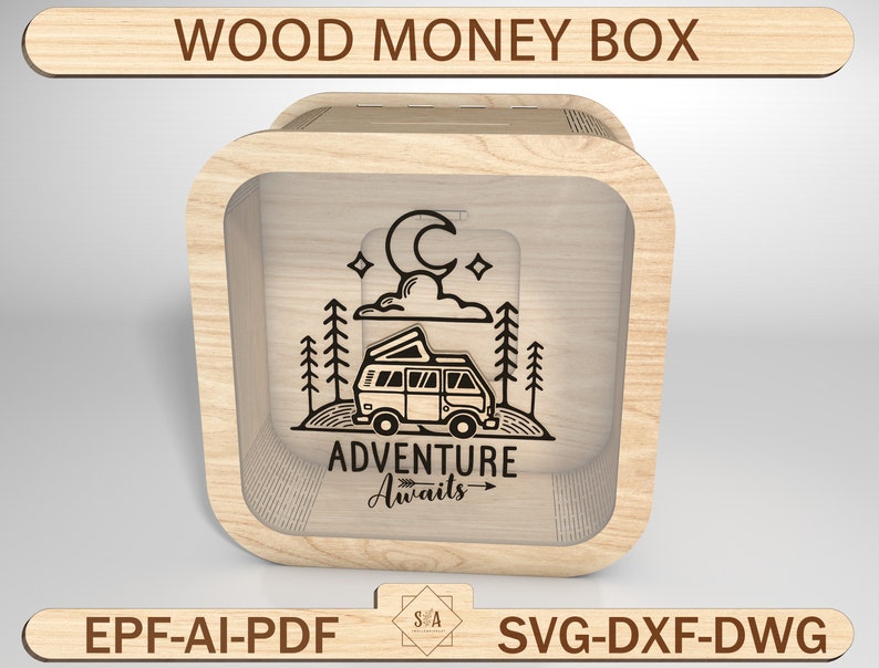 May include: A wooden money box with a cutout design of a camper van, trees, a moon, and clouds. The text "ADVENTURE Awaits" is below the design.