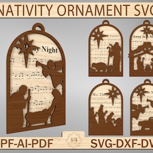Nuty na szopkę bożonarodzeniową Ornament Svg, Ozdoba szopki Svg, Ozdoba piosenki świątecznej Svg, Ozdoba Jezusa Svg, Plik Glowforge Svg