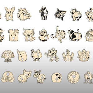 May include: A collection of wooden decorative ornaments in various animal and object shapes, including a shark, cat, and bread slice. Each ornament has a hole and a small crystal. The ornaments are in a light brown color.