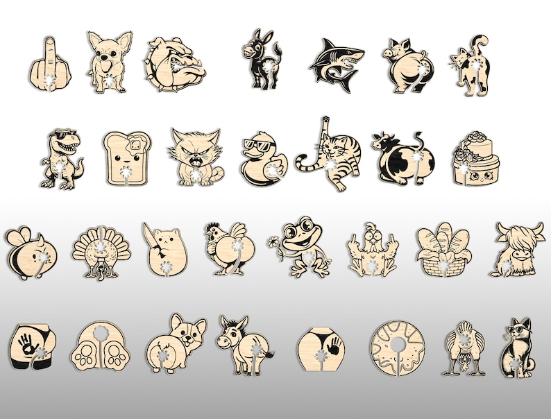 May include: A collection of wooden decorative ornaments in various animal and object shapes, including a shark, cat, and bread slice. Each ornament has a hole and a small crystal. The ornaments are in a light brown color.