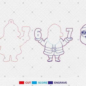 May include: Outlined Santa Claus figures holding numbers 6 and 7, along with a Santa face wearing sunglasses. The figures are in red, blue, and white, with a grid background. The text at the bottom indicates cutting, scoring, and engraving.