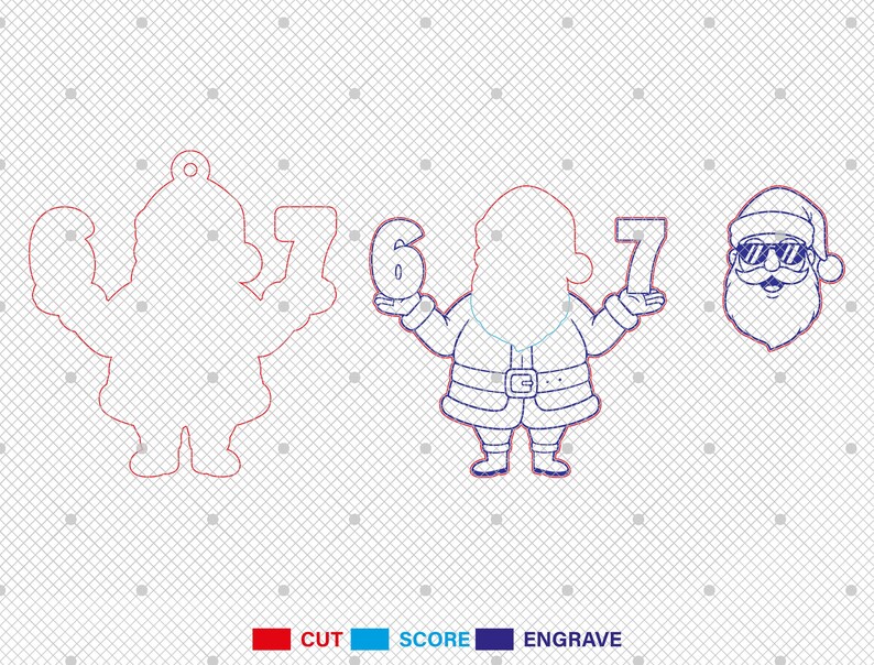 May include: Outlined Santa Claus figures holding numbers 6 and 7, along with a Santa face wearing sunglasses. The figures are in red, blue, and white, with a grid background. The text at the bottom indicates cutting, scoring, and engraving.