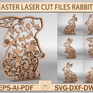 May include: A set of eight laser cut files for creating Easter bunny decorations. The files include a variety of designs, including bunnies with floral patterns and solid bunnies. The files are available in SVG, DXF, DWG, EPS, AI, and PDF formats.