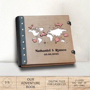 Álbum de fotos de viagem personalizado com mapa-múndi Svg, arquivos cortados a laser de álbum de fotos de mapa-múndi, capa de livro de mapa-múndi Svg, nosso livro de aventura Svg