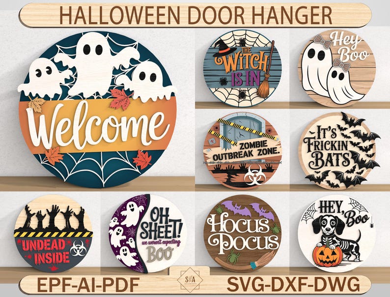 以下が含まれることがあります： ハロウィーンをテーマにした木製ドアハンガーのコレクション。デザインには、幽霊、コウモリ、魔女、ゾンビが含まれます。各丸いサインは、さまざまな色とスタイルで、ユニークなテキストとグラフィックを備えています。上部のバナーには「HALLOWEEN DOOR HANGER」と書かれています。