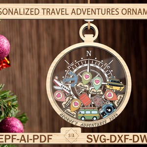 Gepersonaliseerde reisavonturen ornament Svg, Travel Christmas Ornament Svg, 4D Custom Shaker Ornament Svg, reiscadeaus, Glowforge SVG-bestanden