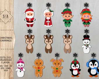 May include: Set of 12 Christmas-themed earring designs featuring Santa Claus, reindeer, elves, gingerbread people, penguins, and snowmen. The designs are cut from wood and are ready to be used for laser cutting.