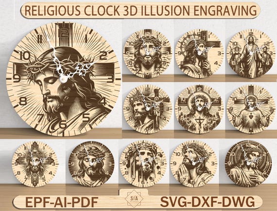 宗教時計SVGバンドル、3Dイリュージョン彫刻、イエスの壁掛け時計