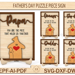 Gepersonaliseerde Happy Father's Day Puzzle Piece Sign, Cadeau voor papa, Vaderdag Decor Svg, Step Dad Gift, Houten naampuzzel, Laser Ready Cut File