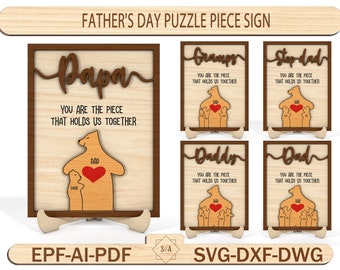 Personalisiertes „Happy Father's Day“-Puzzleteil-Schild, Geschenk für Papa, Vatertags-Deko-Svg, Stiefvater-Geschenk, Holz-Namenspuzzle, laserfertig geschnittene Datei