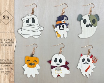 Halloween Ghost Oorbellen Bundel SVG, Cute Ghost Halloween Earring, Spooky Earrings Svg, Laser Earrings Files, Glowforge Files