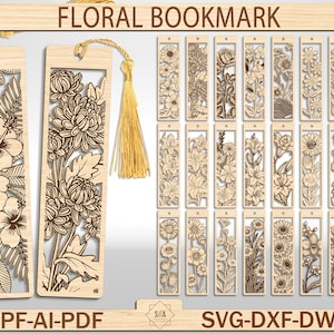 Blumen Lesezeichen SVG Laser Cut Dateien - Botanische Holzmarke Designs - Blumen gravierte Lesezeichen für Glowforge, Cricut, Laserschneiden