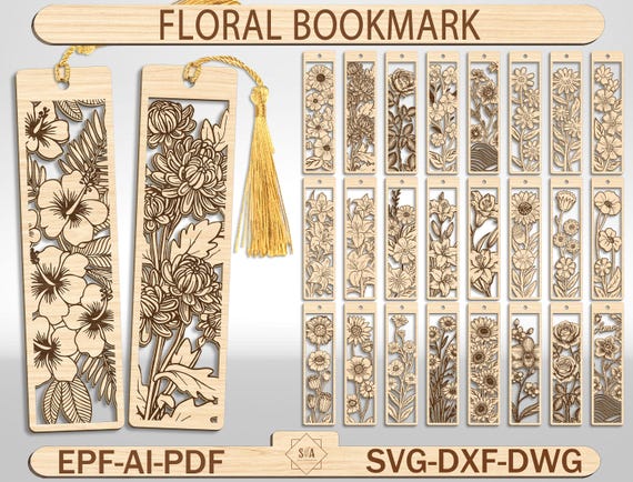Floral Bookmark SVG Laser Cut Files – Botanical Woodmark Designs – Flower Engraved Bookmarks for Glowforge, Cricut, Laser Cutting