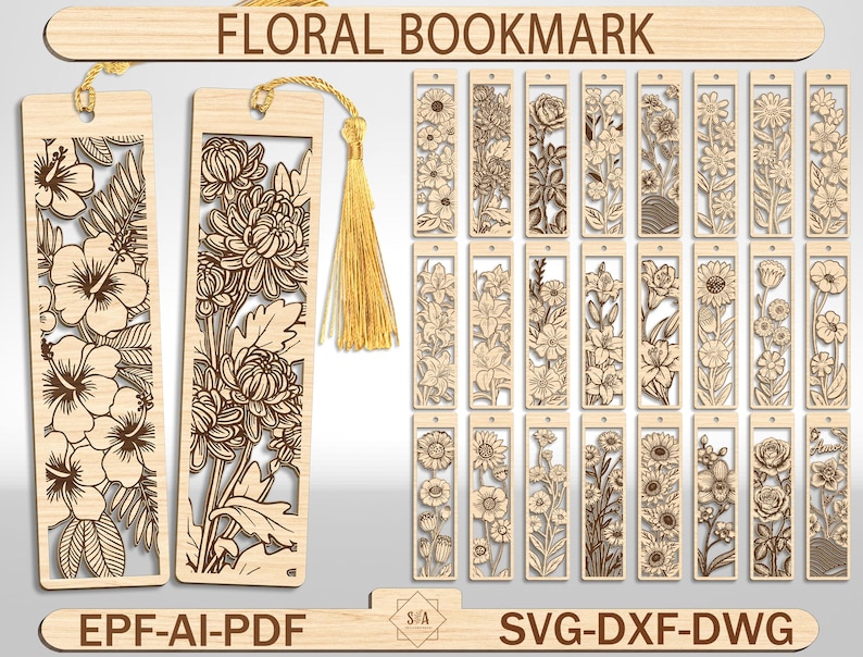 May include: Wooden floral bookmarks with intricate laser-cut designs. The bookmarks feature various flower patterns and include a gold tassel. The text "FLORAL BOOKMARK" is displayed at the top. The image also shows file format options.