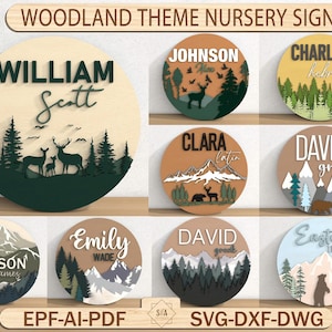 Woodland Theme Nursery Sign, Pine Tree Mountain Decor, Nursery Name Sign, Wildlife Nursery Decor, 3D Round Wood, Glowforge Laser Cut File