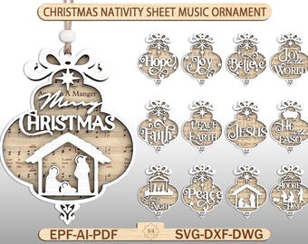 Adorno de Natividad (archivo SVG), adorno de canción navideña (archivo SVG), adorno de Jesús (archivo SVG), adorno de Natividad (archivo SVG de Glowforge)