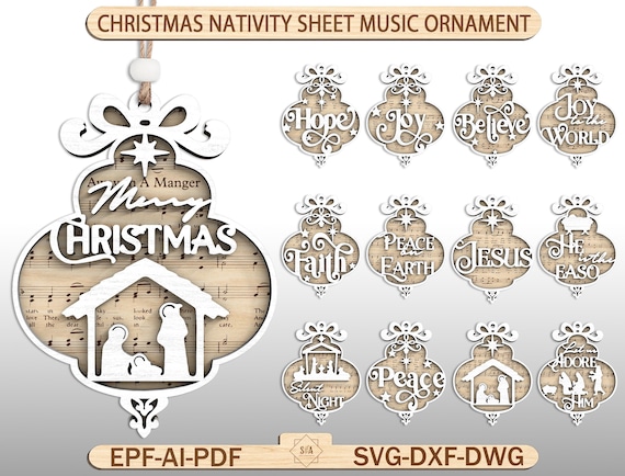 Christmas Nativity Sheet Music Ornament Cut File Svg,Christmas Song Ornament Svg,Jesus Ornament Svg,Nativity Ornament Svg,Glowforge File Svg