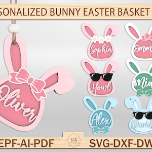 Personalisierter Hase Osterkorb Tag Lasercut svg, Ostern-Tag-Name, Osterkorb-Namen Charm Kid, Osterkorb-Kindgeschenk, Glowforge-Dateien